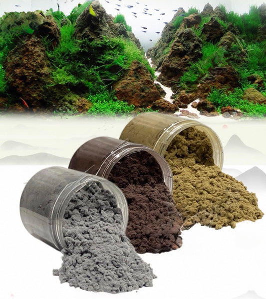 Three containers of different colored substrates with an aquarium background